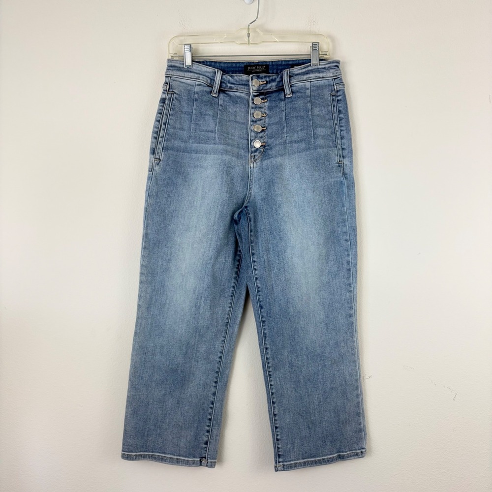 Judy Blue Wide Leg High Rise Button Fly Pintuck Jeans Light Wash 11/30 Cropped